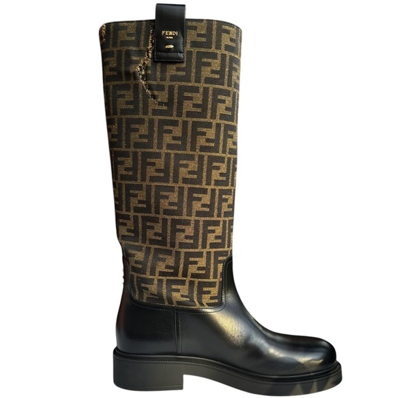 Fendi Filo FF Monogram Canvas and Leather Knee High Boots Black Brown Size 12 - Picture 13 of 16